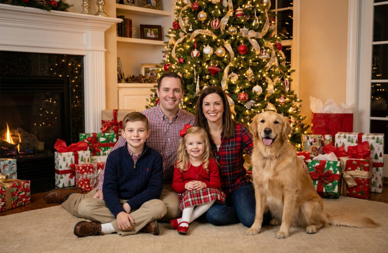Family holiday portrait by a Christmas tree and fireplace, by Arte City Media