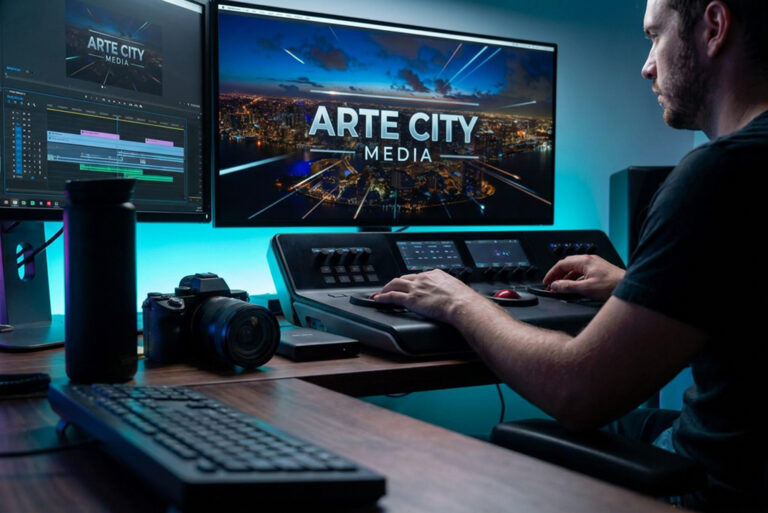 Editor creating an animated Arte City Media title for a motion graphics project