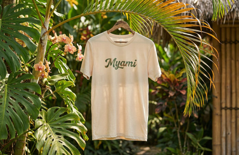 Myami T-shirt hanging among tropical plants, product photography by Arte City Media