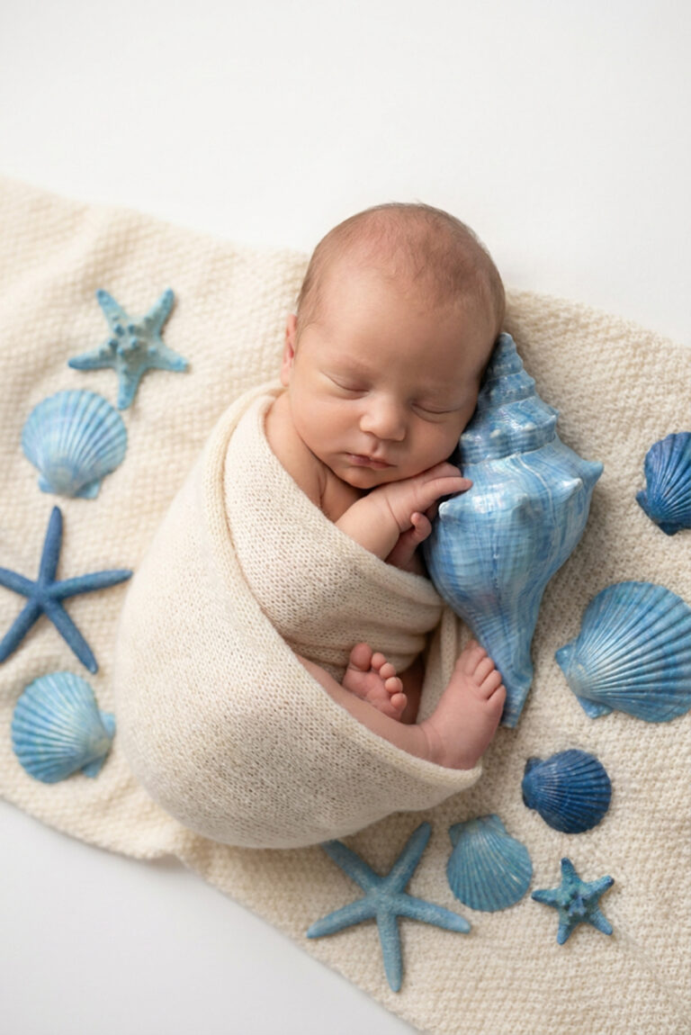 Newborn baby sleeping swaddled with seashells, by Arte City Media