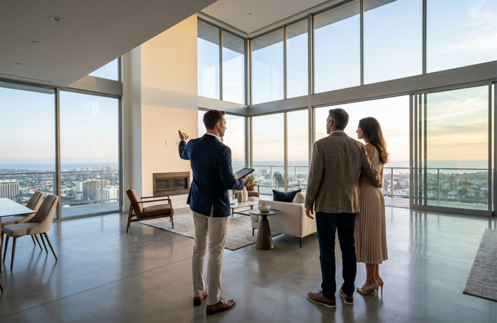 Realtor showing a couple around a luxury penthouse with ocean views, by Arte City Media