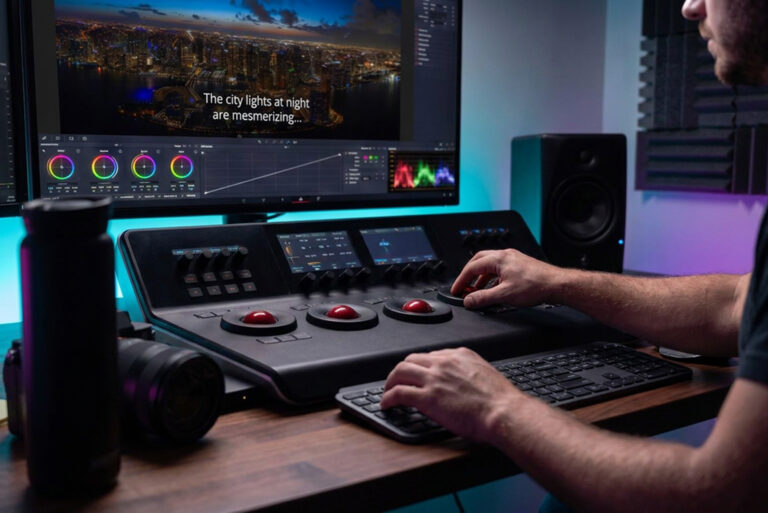 Editor adding subtitles to night city footage at Arte City Media
