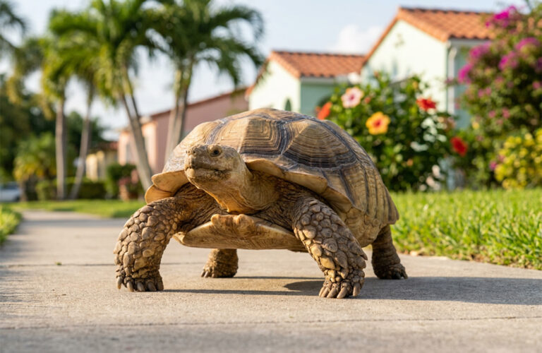 Sulcata tortoise walking along a sidewalk in a tropical Miami neighborhood, pet photography by Arte City Media