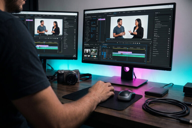 Video editor cutting an interview on a dual-monitor editing setup at Arte City Media