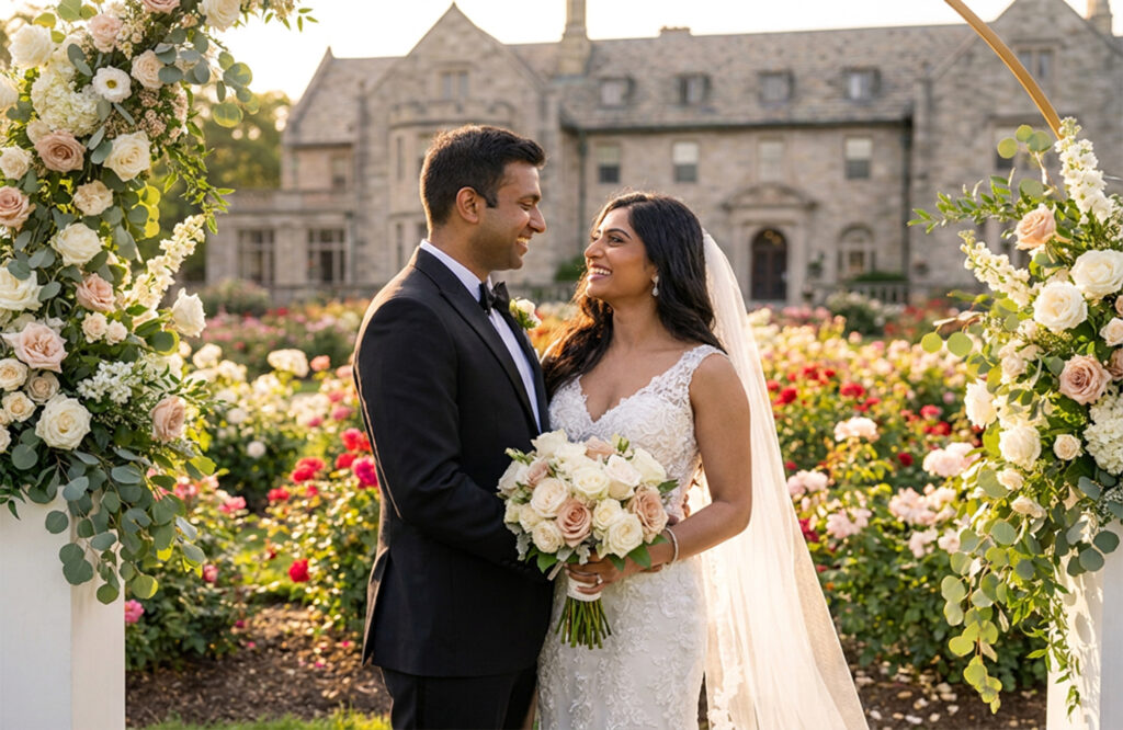 Bride and groom under a floral arch in a rose garden, by Arte City Media
